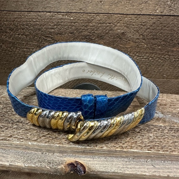Judith Leiber Blue Snakeskin Belt w/ Gold & Silver Coil Buckle main image 8